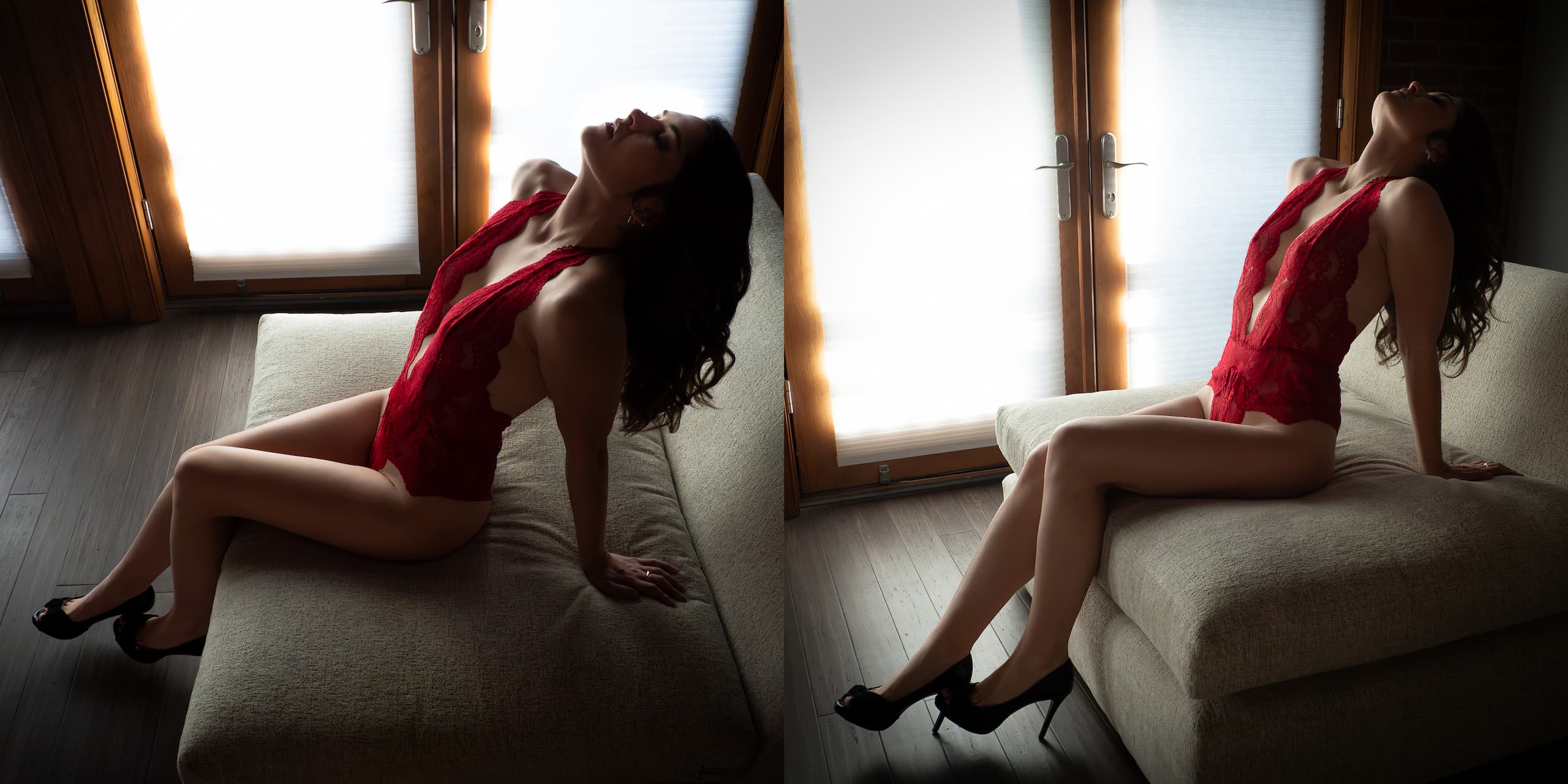 Red Body Suit, Woman on Couch, Denver Boudoir Photography