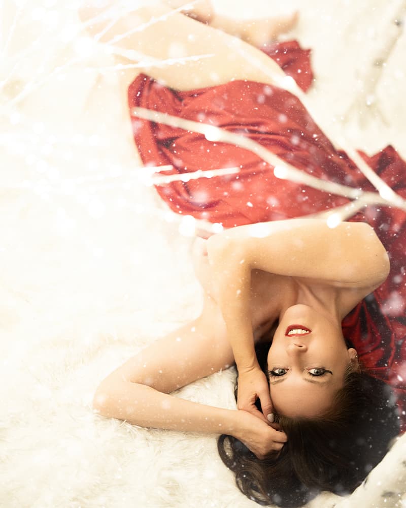 Woman with Red Sheet, Winter Wonderland, Dream In Blue Photography, Colorado Boudoir