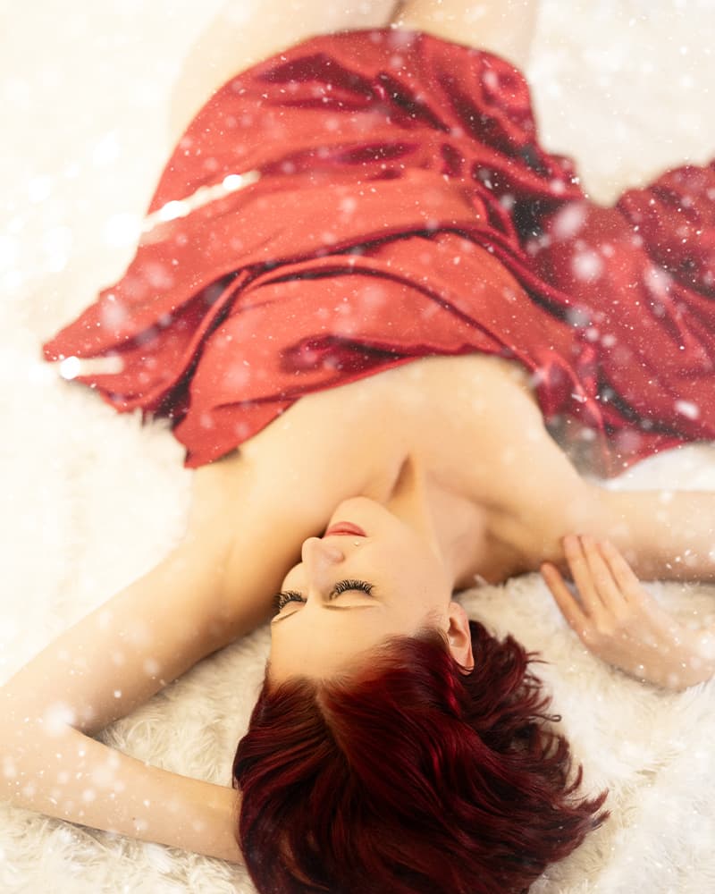 Woman with Red Sheet, Winter Wonderland, Dream In Blue Photography, Colorado Boudoir